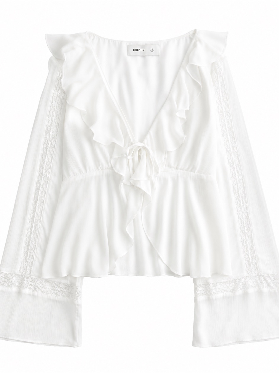 Hollister White Long Sleeved Babydoll Ruffle Top